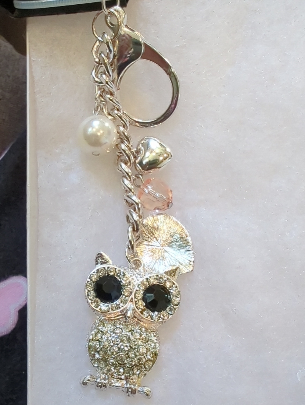 Crystal Owl Charm Keychain in Silver and Black